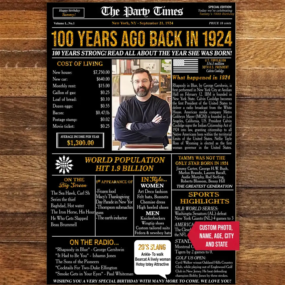 Personalized 100th Birthday Gift 100th Birthday Newspaper Poster Canvas 100th Birthday Decor Printable 100 Years Ago Back In 1924