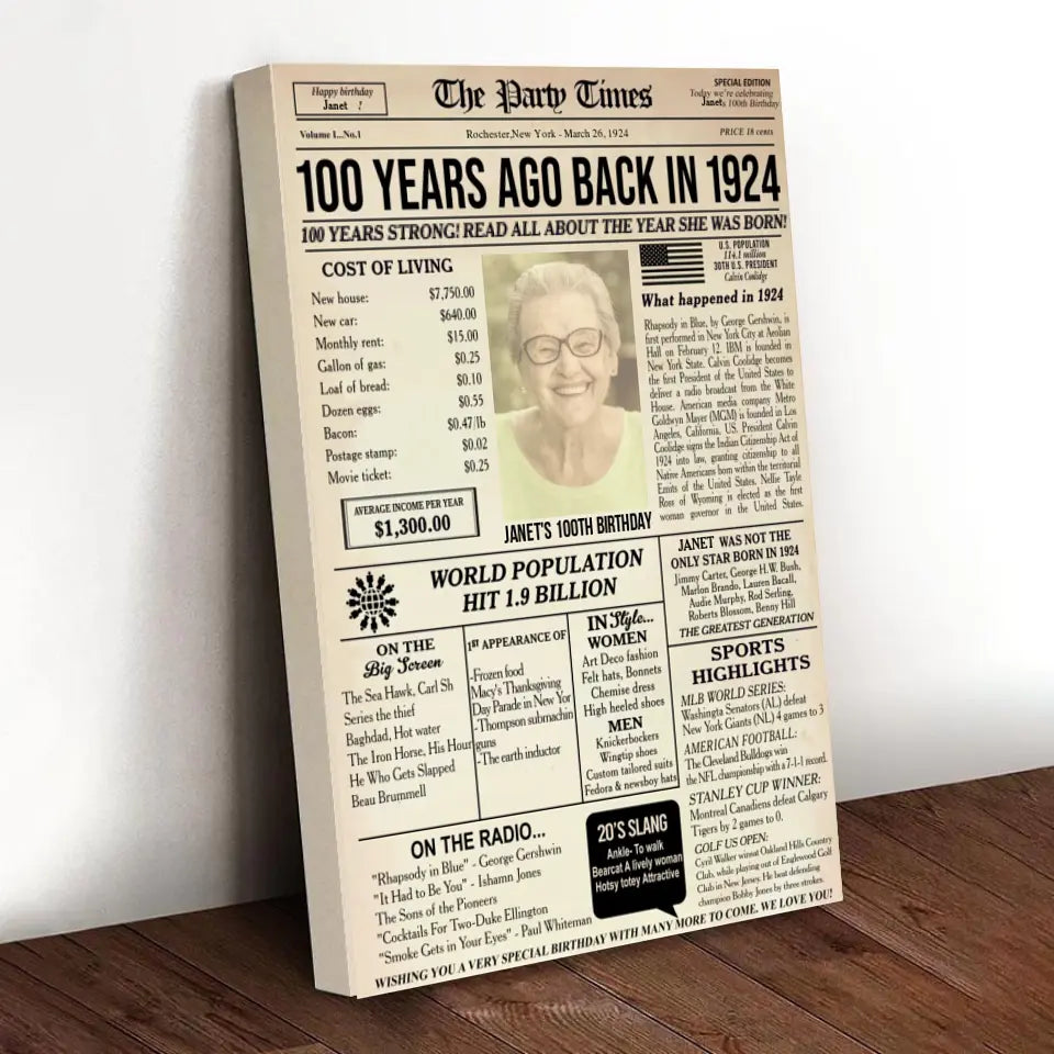 Personalized 100th birthday gift for men or women, 100th birthday newspaper poster, 100th birthday decor Printable, 100 years ago back in 1924