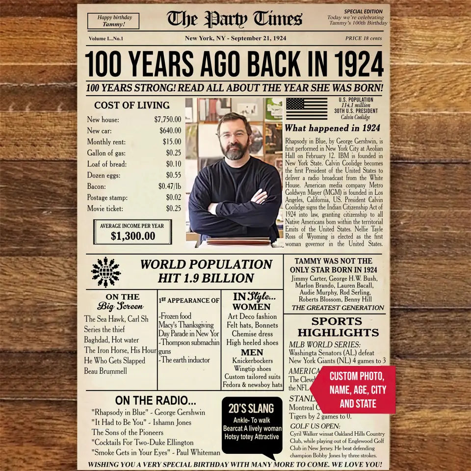 Personalized 100th birthday gift for men or women, 100th birthday newspaper poster, 100th birthday decor Printable, 100 years ago back in 1924