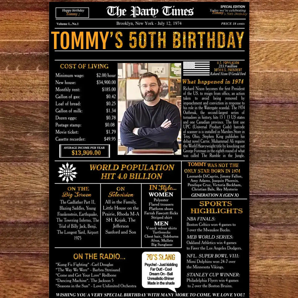 50th birthday gift for men or women, 1974 birthday newspaper poster sign, 50 and Fabulous, 50th birthday party decorations, back in 1974