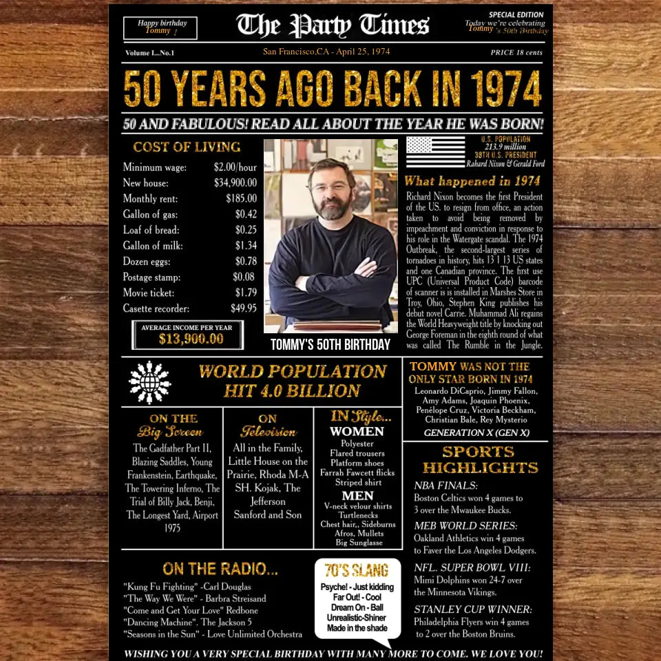 Personalized 50th birthday gift for men or women, 50th birthday newspaper poster, 50th birthday decor Printable, 50 years ago back in 1974