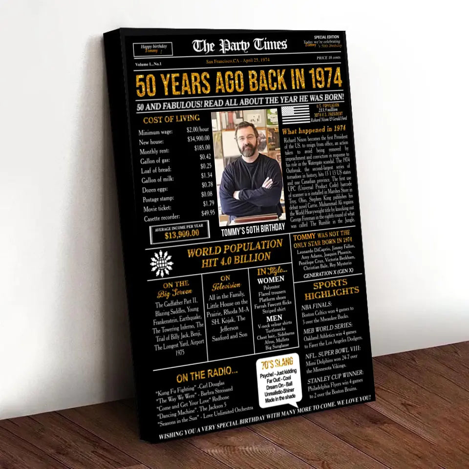 Personalized 50th birthday gift for men or women, 50th birthday newspaper poster, 50th birthday decor Printable, 50 years ago back in 1974