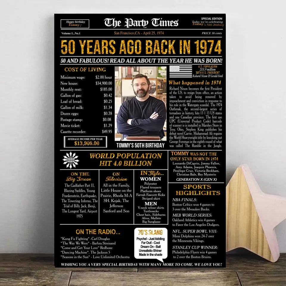 Personalized 50th birthday gift for men or women, 50th birthday newspaper poster, 50th birthday decor Printable, 50 years ago back in 1974