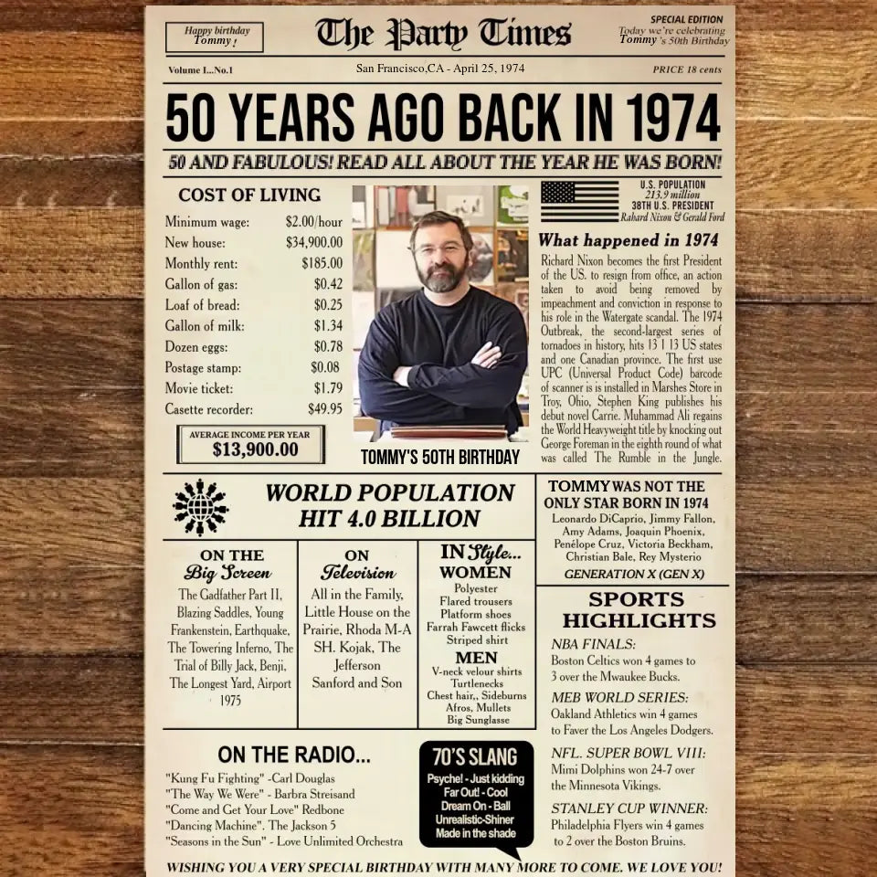 Personalized 50th birthday gift for men or women, 50th birthday newspaper poster, 50th birthday decor Printable, 50 years ago back in 1974
