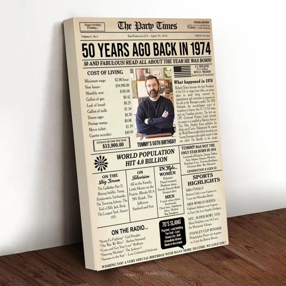 Personalized 50th birthday gift for men or women, 50th birthday newspaper poster, 50th birthday decor Printable, 50 years ago back in 1974