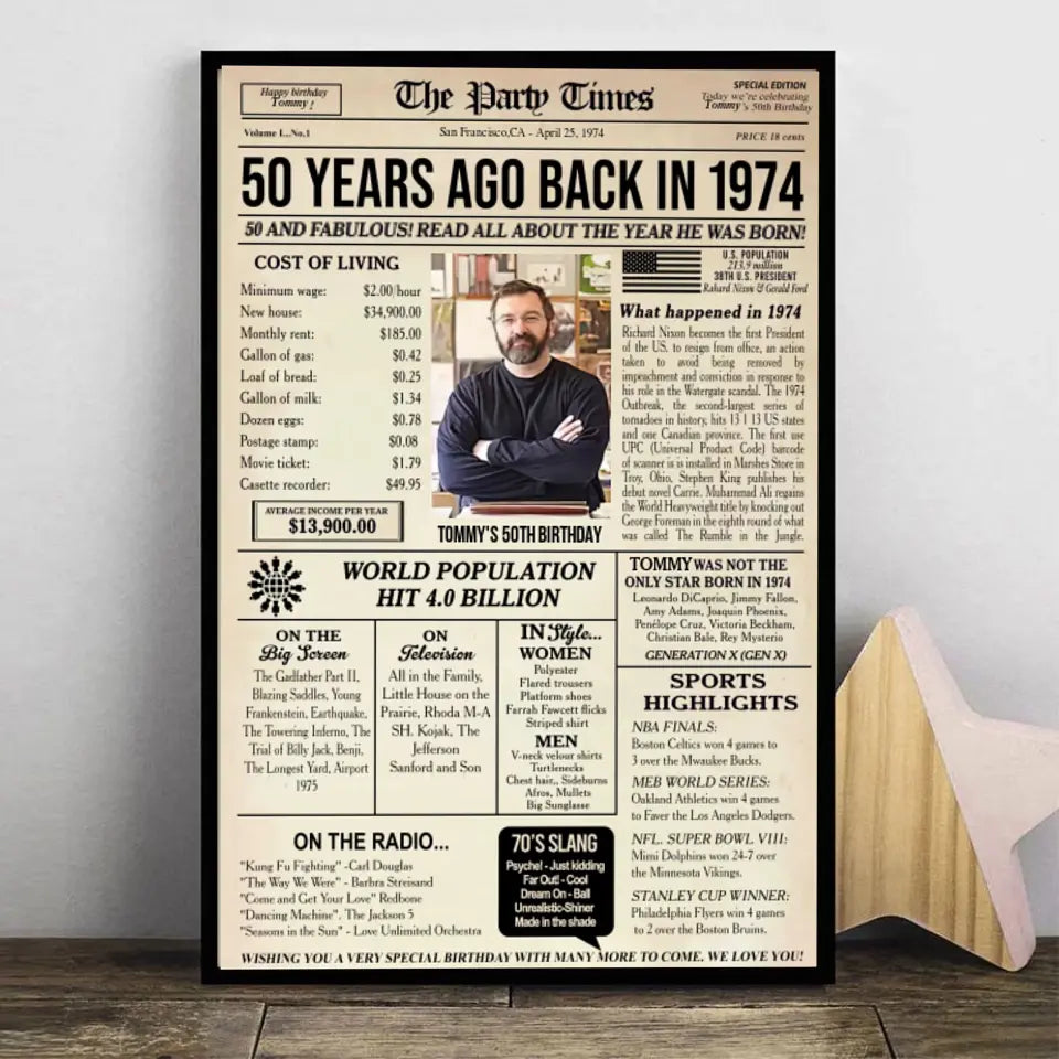 Personalized 50th birthday gift for men or women, 50th birthday newspaper poster, 50th birthday decor Printable, 50 years ago back in 1974