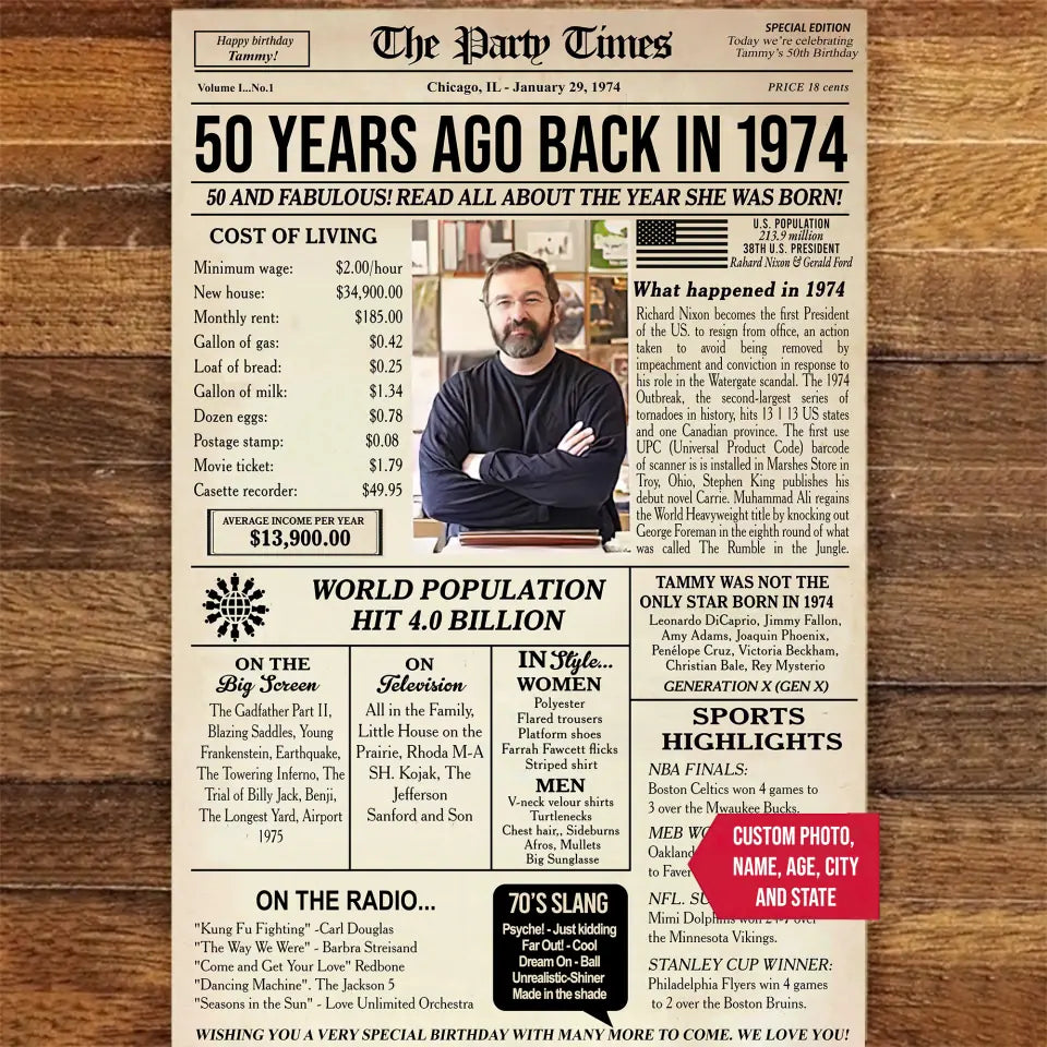 Personalized 50th birthday gift for men or women, 50th birthday newspaper poster, 50th birthday decor Printable, 50 years ago back in 1974