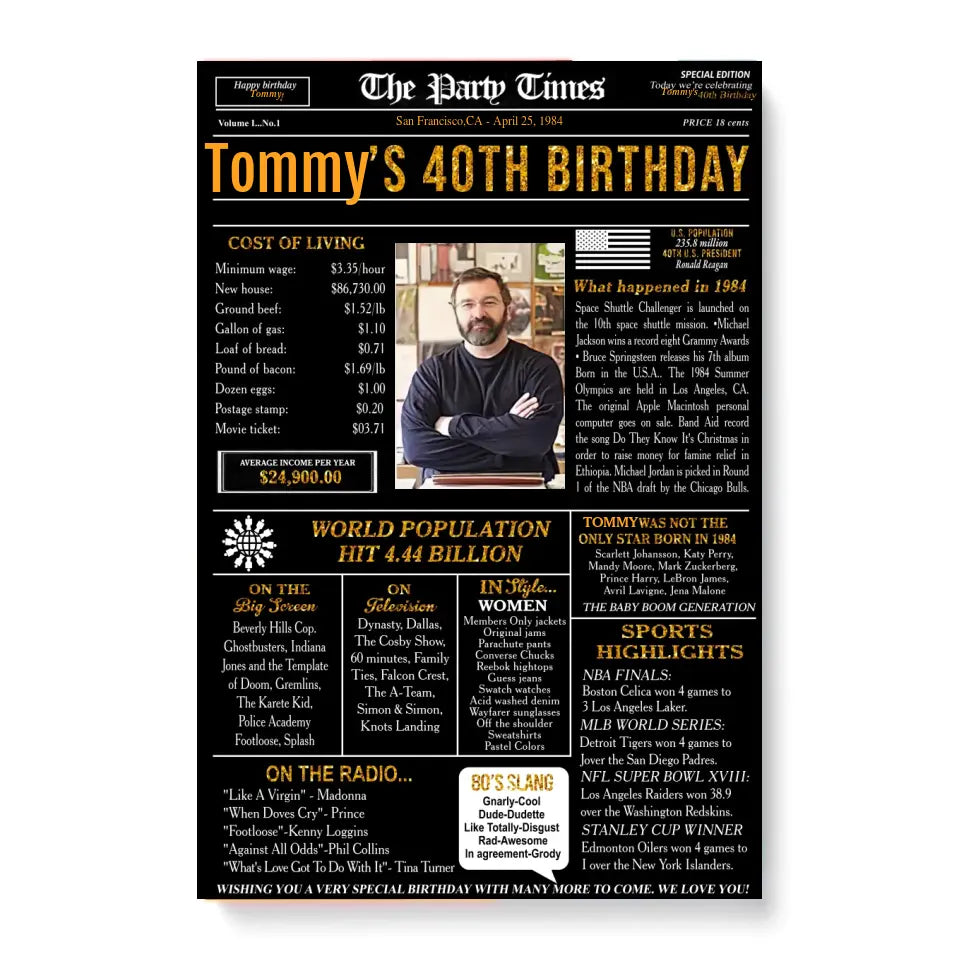 40th Birthday Newspaper Poster Sign Printable, 40th birthday gift for man or woman, Party sign back in 1984, 40th birthday decoration