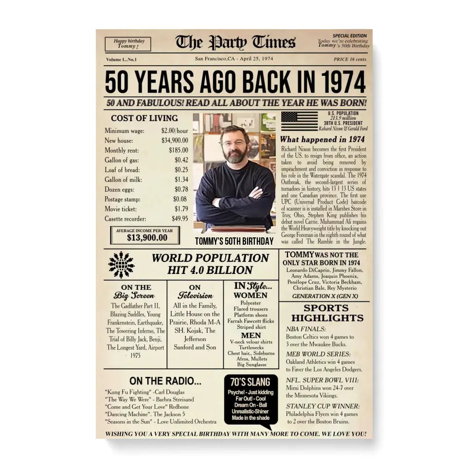 Personalized 50th birthday gift for men or women, 50th birthday newspaper poster, 50th birthday decor Printable, 50 years ago back in 1974