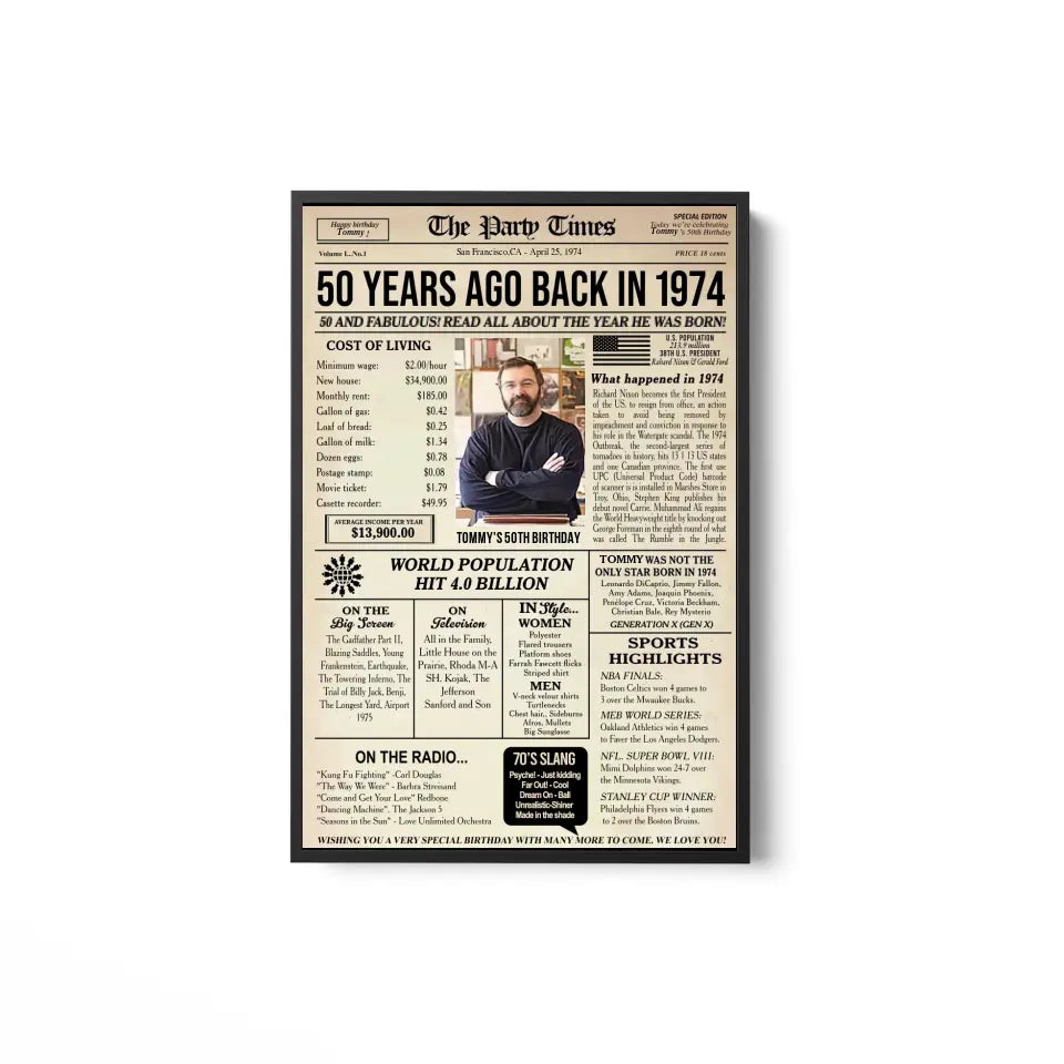 Personalized 50th birthday gift for men or women, 50th birthday newspaper poster, 50th birthday decor Printable, 50 years ago back in 1974