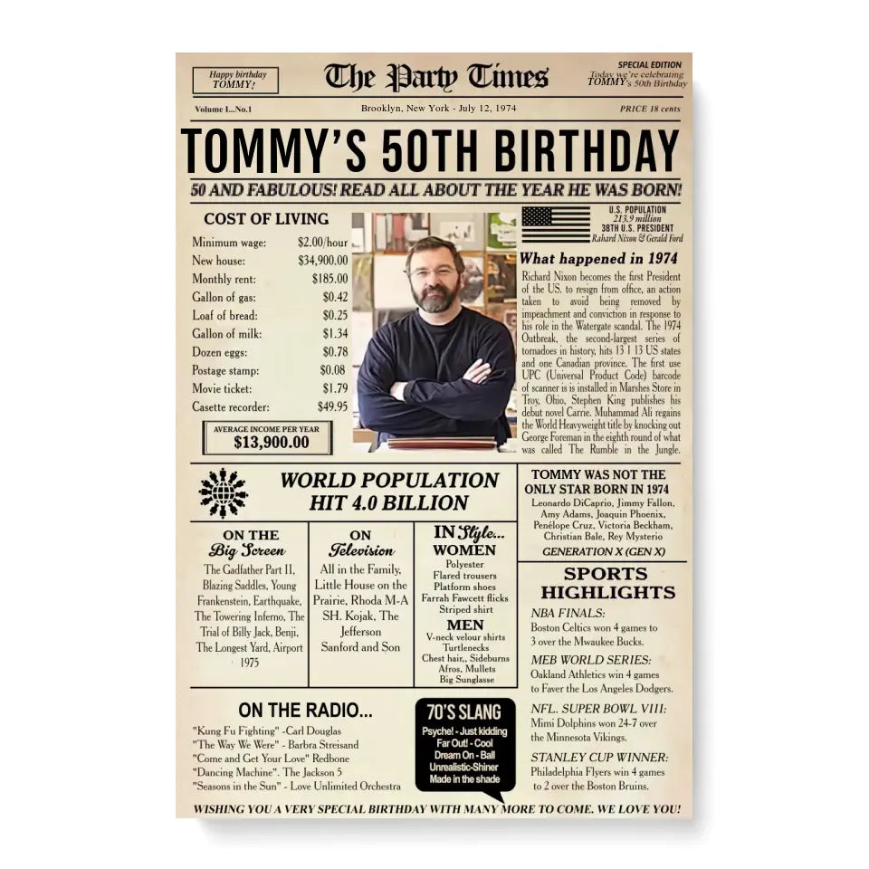 50th Birthday Newspaper Poster, 50th birthday gift for grandma or grandpa,1974 birthday, back in 1974, 50th birthday decorations Printable