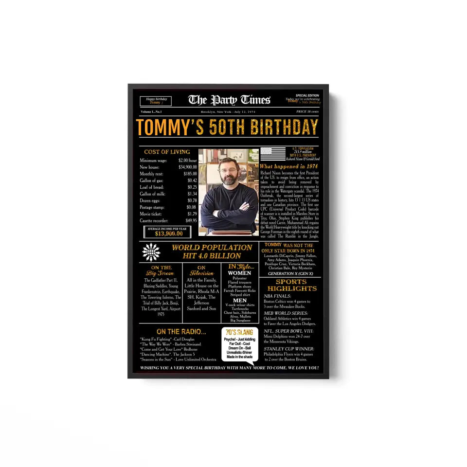 50th birthday gift for men or women, 1974 birthday newspaper poster sign, 50 and Fabulous, 50th birthday party decorations, back in 1974