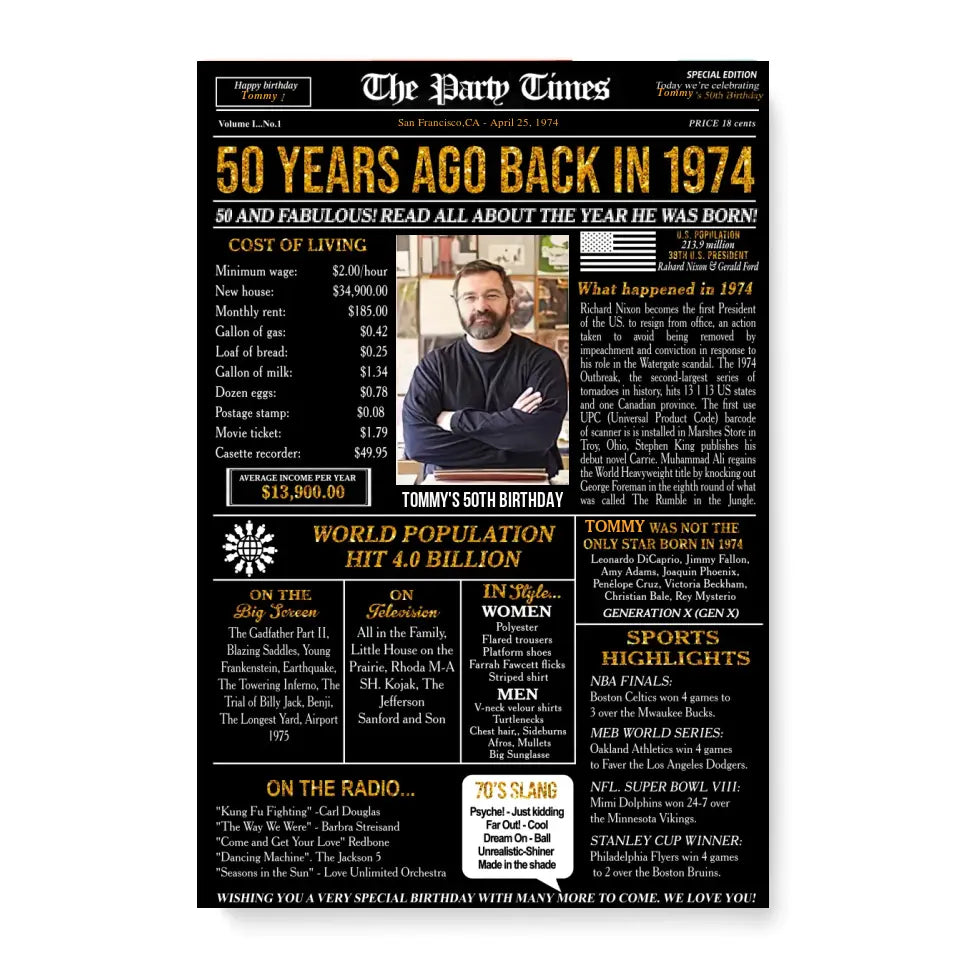 Personalized 50th birthday gift for men or women, 50th birthday newspaper poster, 50th birthday decor Printable, 50 years ago back in 1974