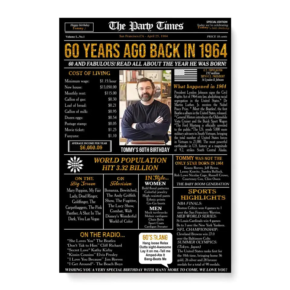 Personalized 60th birthday gift for men or women, 60th birthday newspaper poster, 60th birthday decor Printable, 60 years ago back in 1964