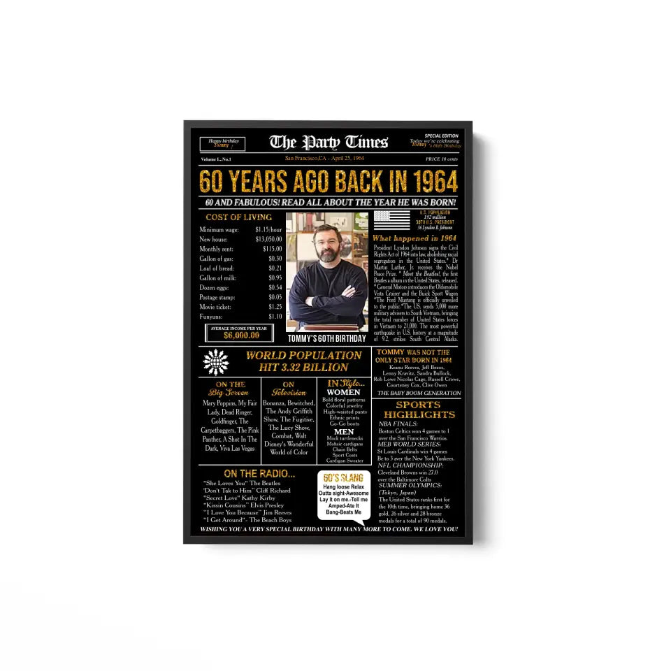 Personalized 60th birthday gift for men or women, 60th birthday newspaper poster, 60th birthday decor Printable, 60 years ago back in 1964