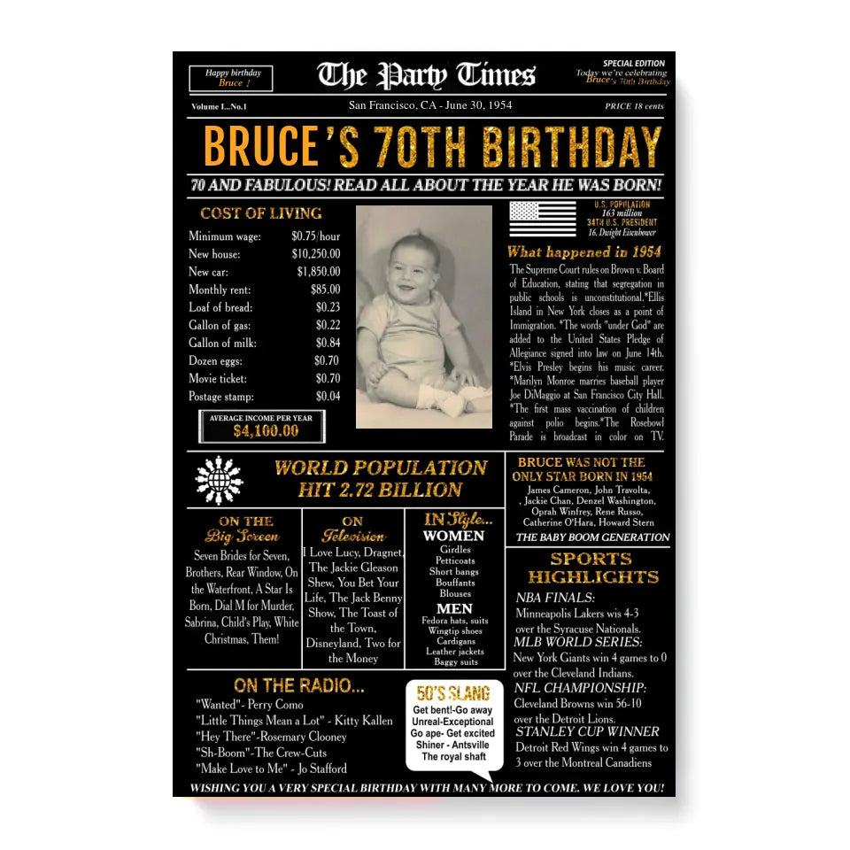 Personalized 70th birthday gift for men or women, 70th birthday newspaper poster, 70th birthday decor Printable, 70 years ago back in 1954