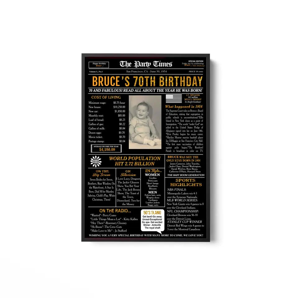 Personalized 70th birthday gift for men or women, 70th birthday newspaper poster, 70th birthday decor Printable, 70 years ago back in 1954