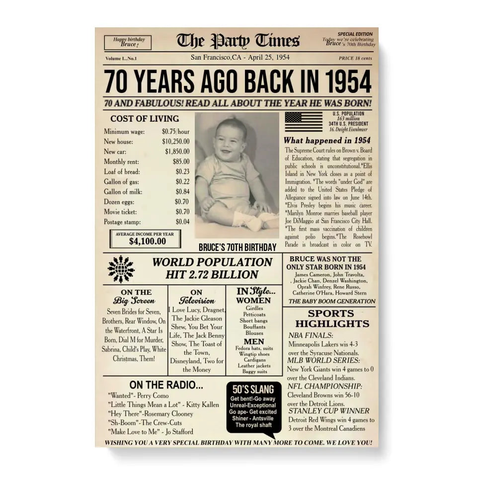 Personalized 70th birthday gift for men or women, 70th birthday newspaper poster, 70th birthday decor Printable, 70 years ago back in 1954