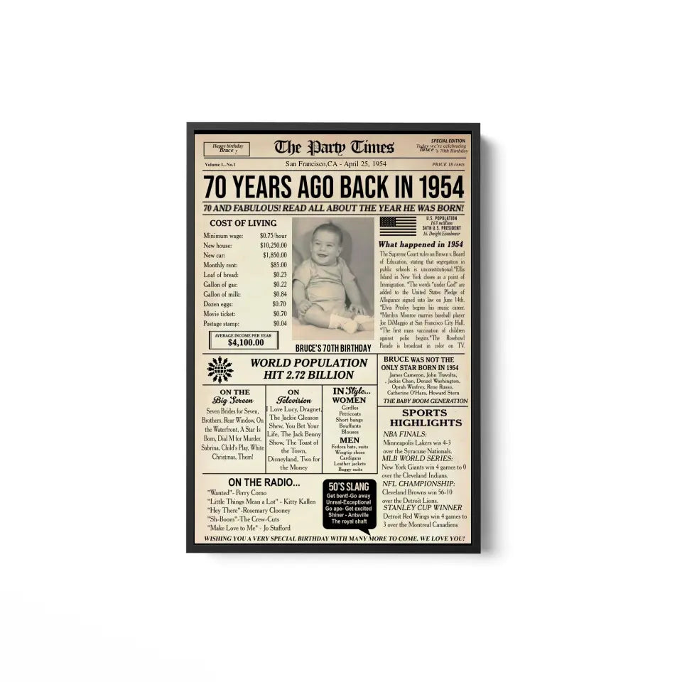 Personalized 70th birthday gift for men or women, 70th birthday newspaper poster, 70th birthday decor Printable, 70 years ago back in 1954