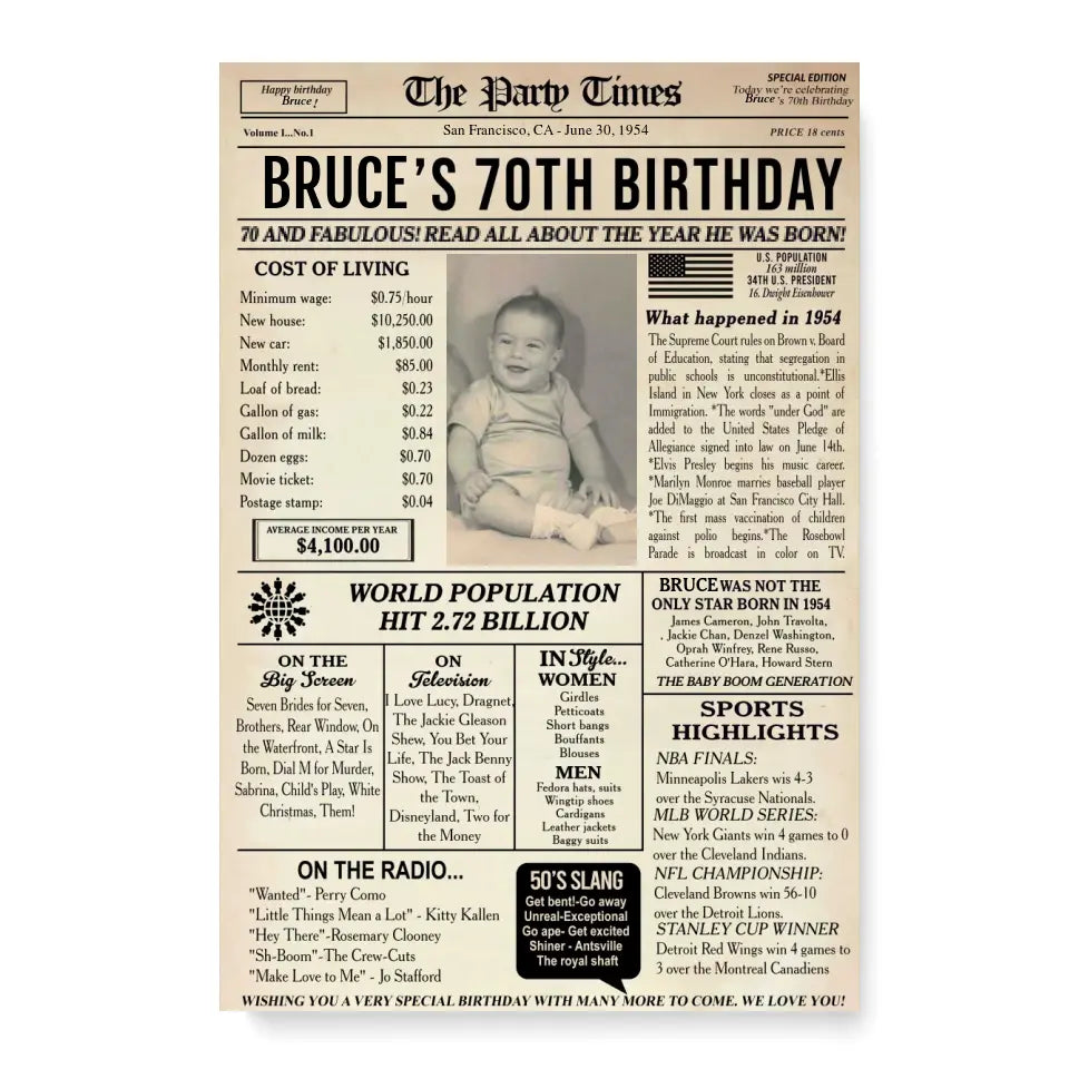 70th Birthday Newspaper Poster Sign Printable, 70th birthday gift for men or women, Back in 1954, 70th birthday decoration, 1954 birthday