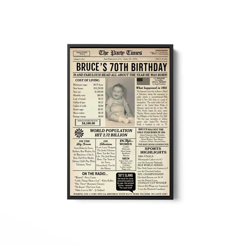 70th Birthday Newspaper Poster Sign Printable, 70th birthday gift for men or women, Back in 1954, 70th birthday decoration, 1954 birthday