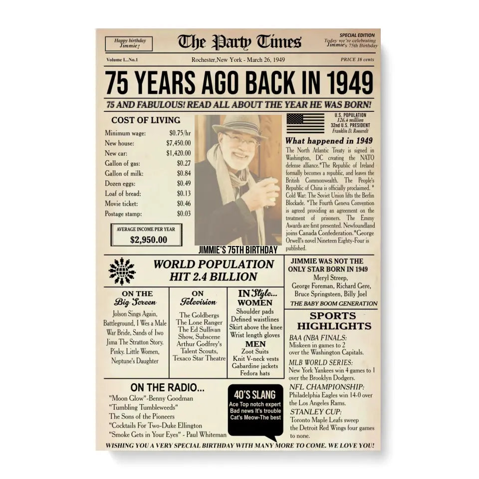 Personalized 75th birthday gift for men or women, 75th birthday newspaper poster, 75th birthday decor Printable, 75 years ago back in 1949