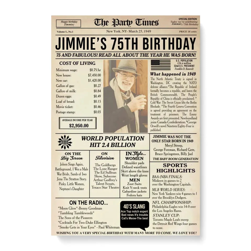 75th Birthday Newspaper Poster Sign Printable, 75th birthday gift for men or women, back in 1949, 75th birthday decorations, 1949 birthday