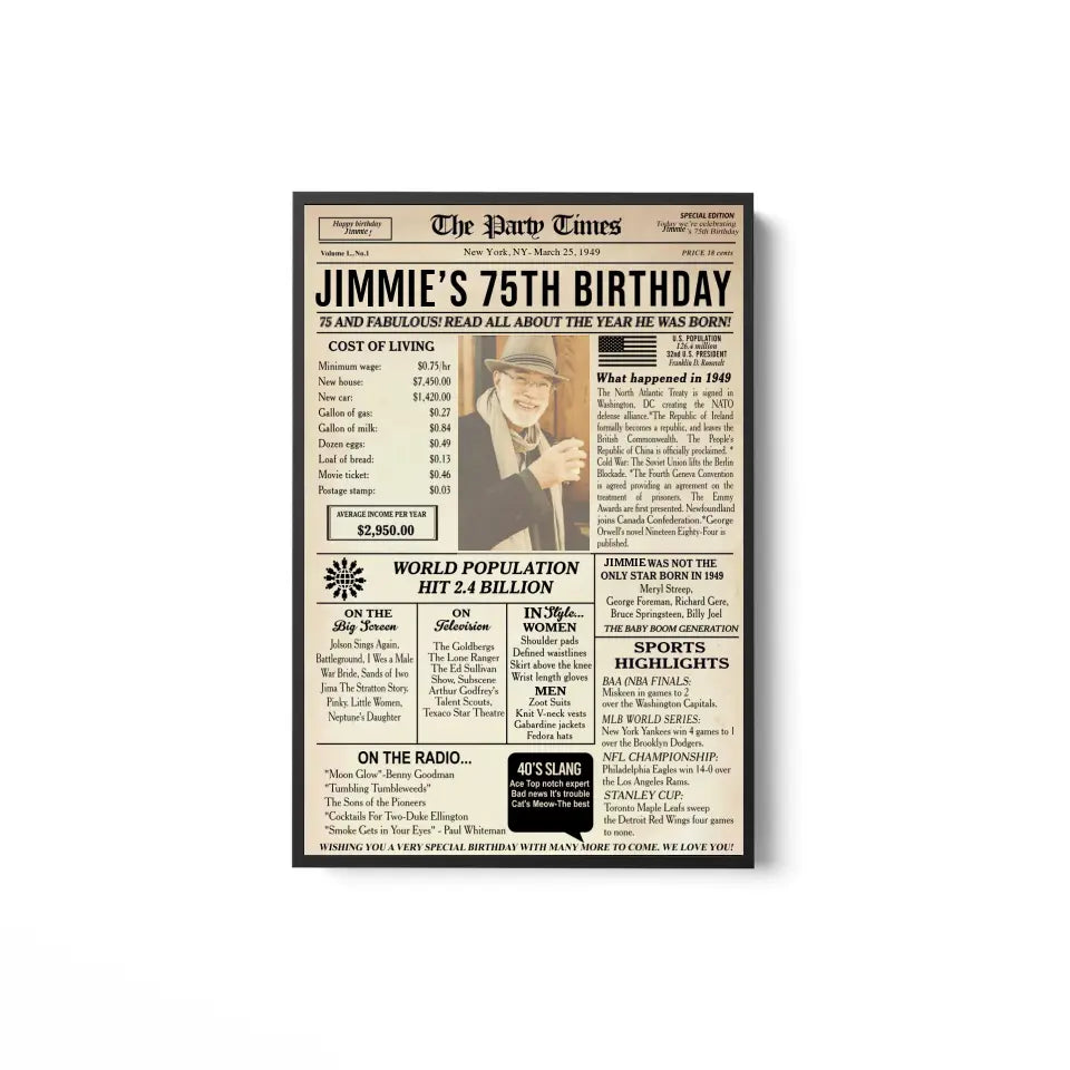 75th Birthday Newspaper Poster Sign Printable, 75th birthday gift for men or women, back in 1949, 75th birthday decorations, 1949 birthday