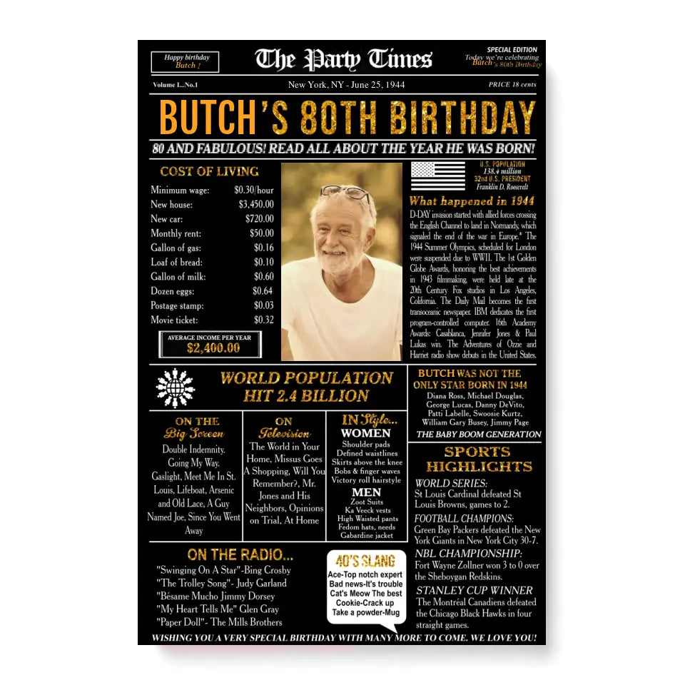 80th Birthday Newspaper Poster Sign Printable, 80th birthday gift for men or women, Back in 1944, 80th birthday decorations, party decor