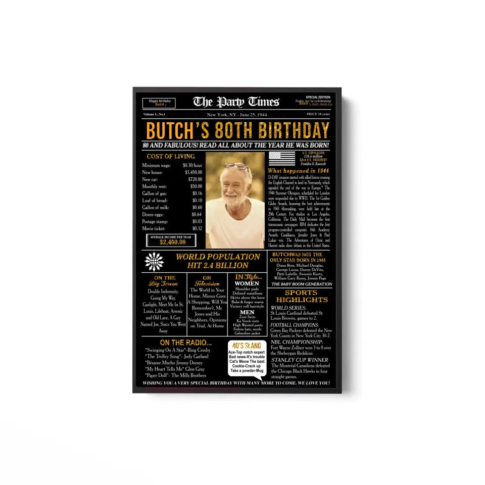 80th Birthday Newspaper Poster Sign Printable, 80th birthday gift for men or women, Back in 1944, 80th birthday decorations, party decor