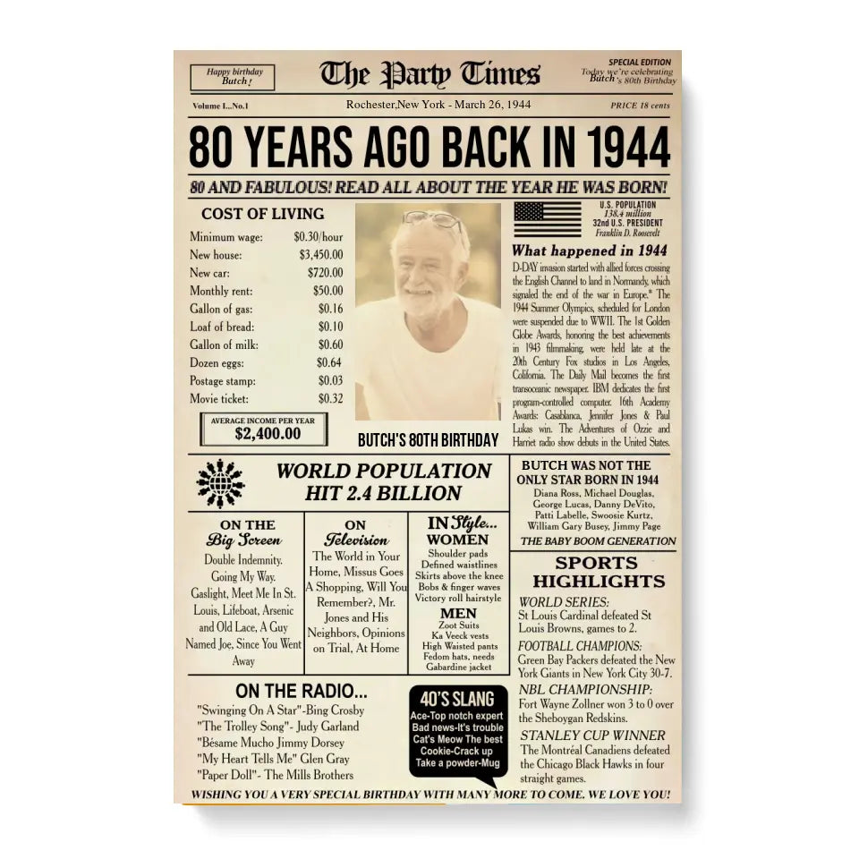 Personalized 80th birthday gift for men or women, 80th birthday newspaper poster, 80th birthday decor Printable, 80 years ago back in 1944