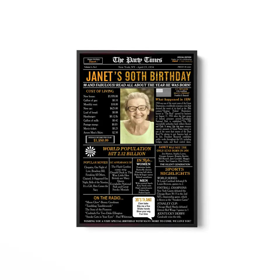 Custom 90th Birthday Gift Ideas Back in 1934 Birthday Newspaper Poster Canvas Turning 90 Birthday Party Decorations