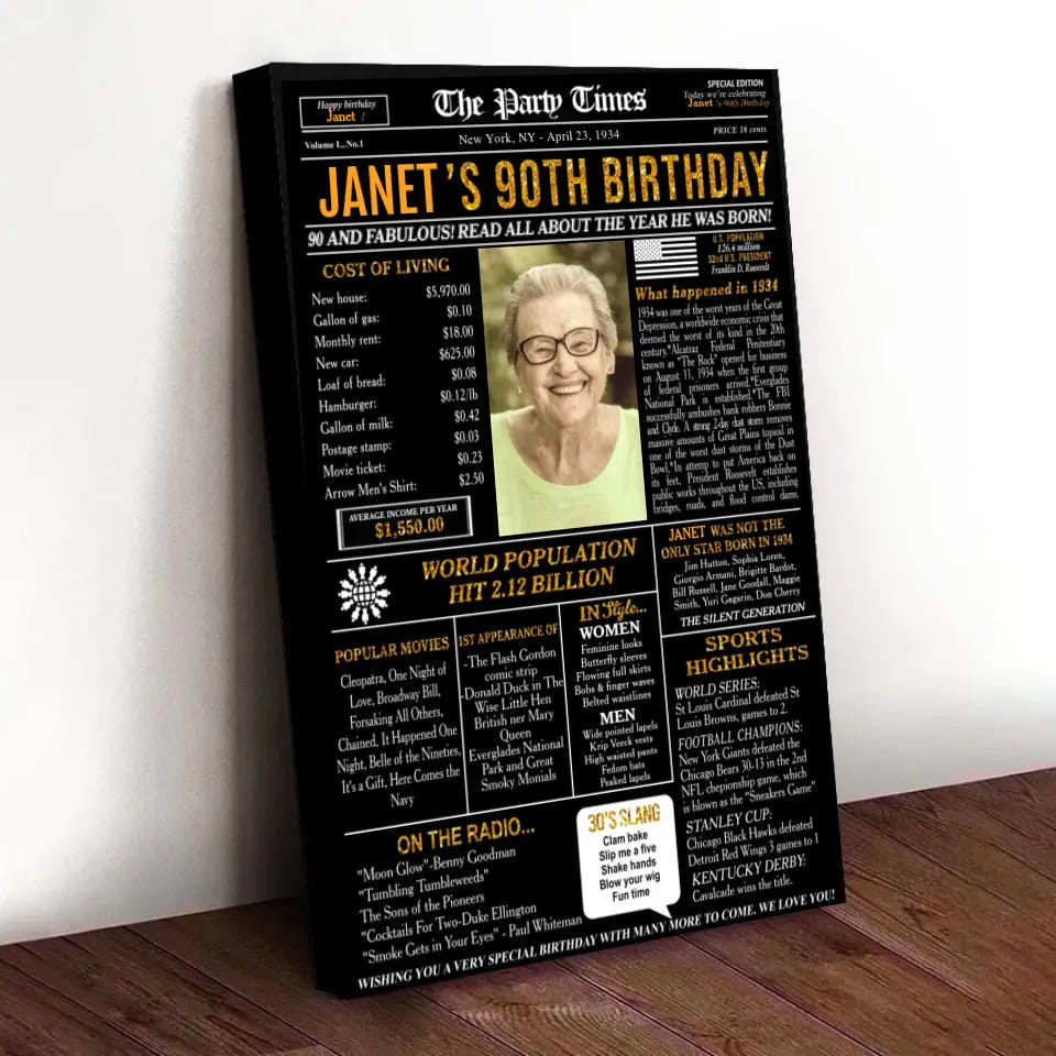 Custom 90th Birthday Gift Ideas Back in 1934 Birthday Newspaper Poster Canvas Turning 90 Birthday Party Decorations
