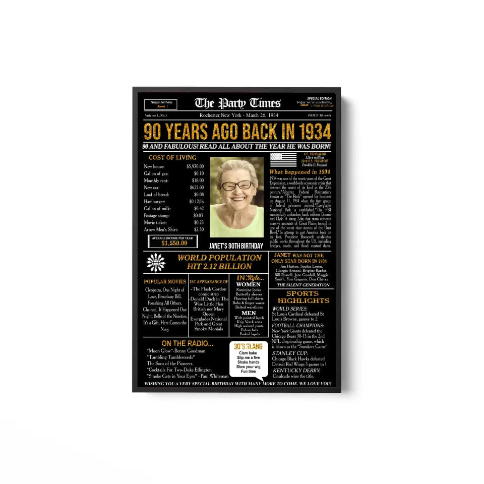 Personalized 90th Birthday Gift 90th Birthday Newspaper Poster Canvas 90th Birthday Decor Printable 90 Years Ago Back In 1934