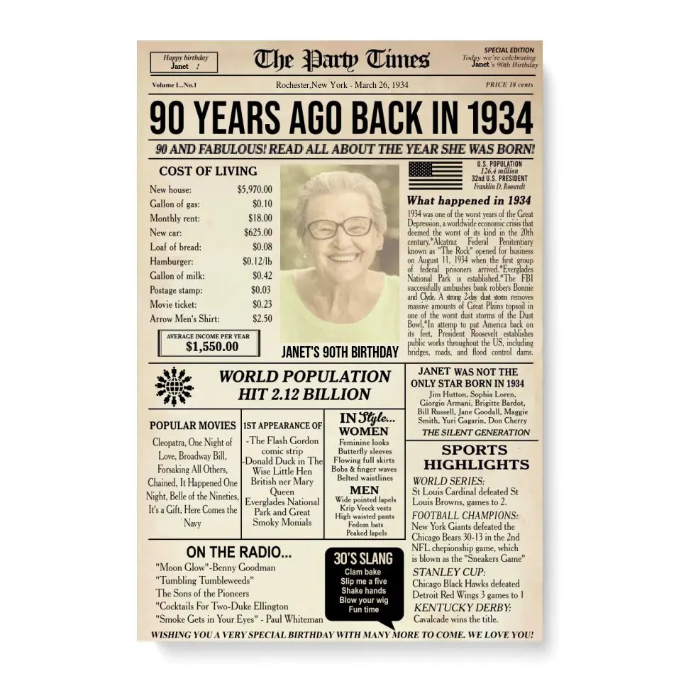 Personalized 90th birthday gift for men or women, 90th birthday newspaper poster, 90th birthday decor Printable, 90 years ago back in 1934