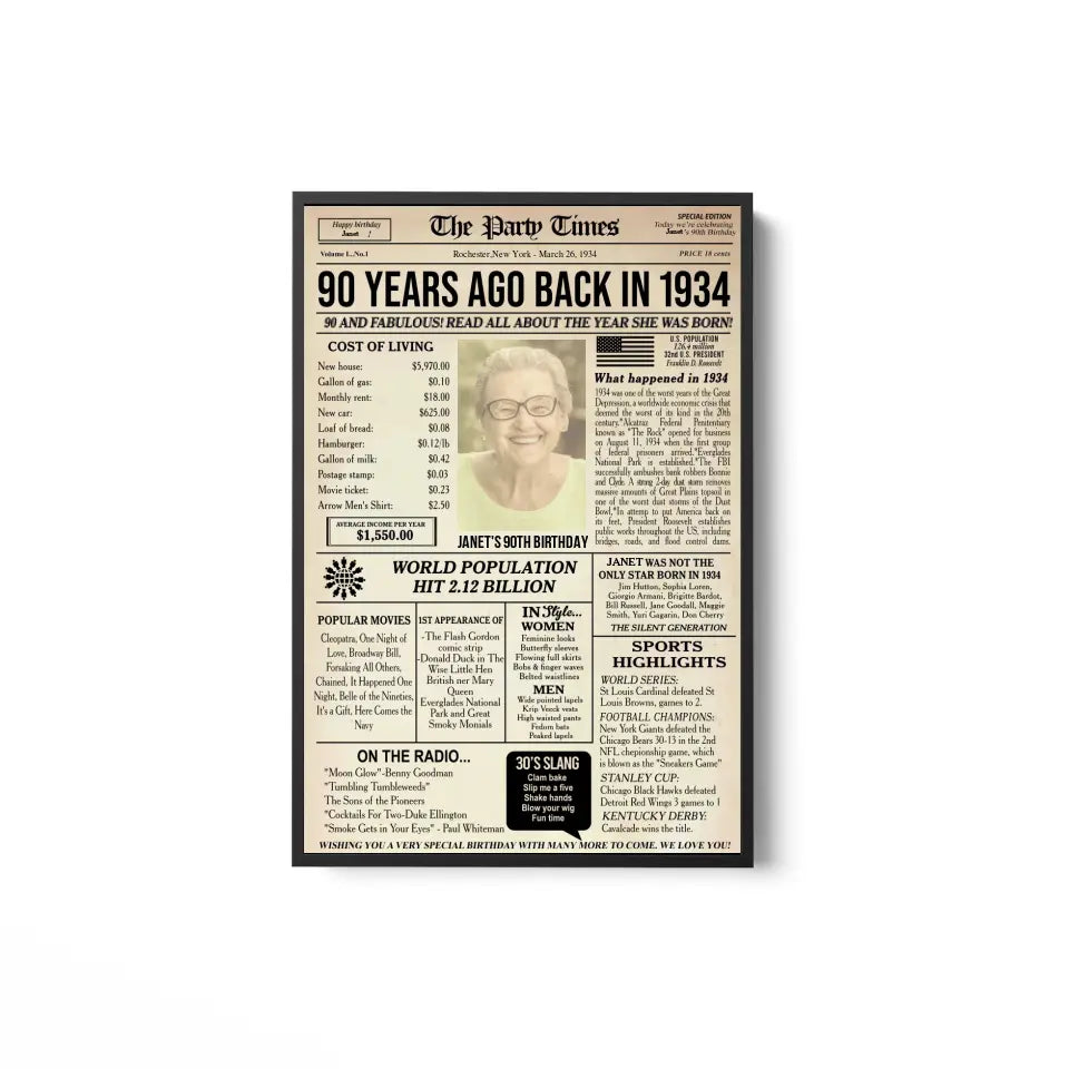 Personalized 90th birthday gift for men or women, 90th birthday newspaper poster, 90th birthday decor Printable, 90 years ago back in 1934