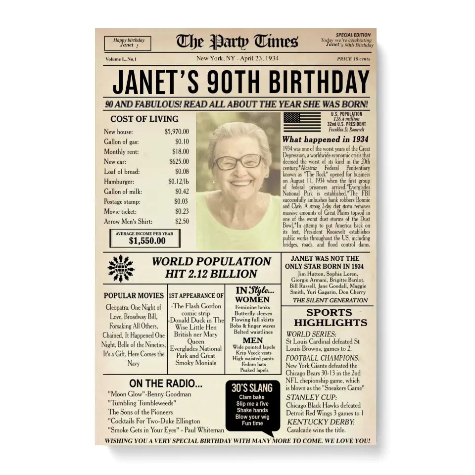 90th Birthday Newspaper Poster, 90th birthday gift for grandma or grandpa, 1934 birthday, back in 1934, 90th birthday decorations Printable