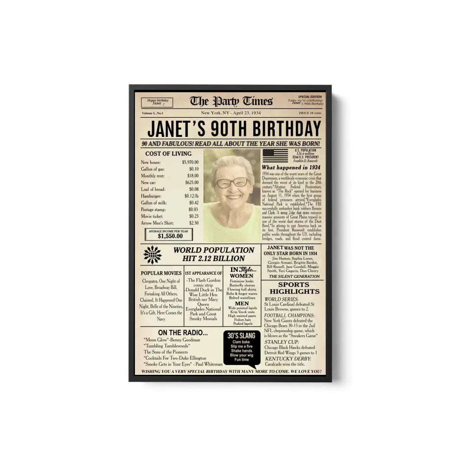 90th Birthday Newspaper Poster, 90th birthday gift for grandma or grandpa, 1934 birthday, back in 1934, 90th birthday decorations Printable