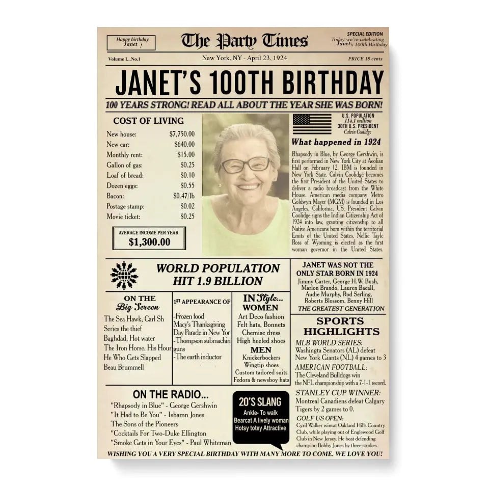 100th Birthday Newspaper Poster, 100th birthday gift for grandma or grandpa,1924 birthday, back in 1924, 100th birthday decorations Printable