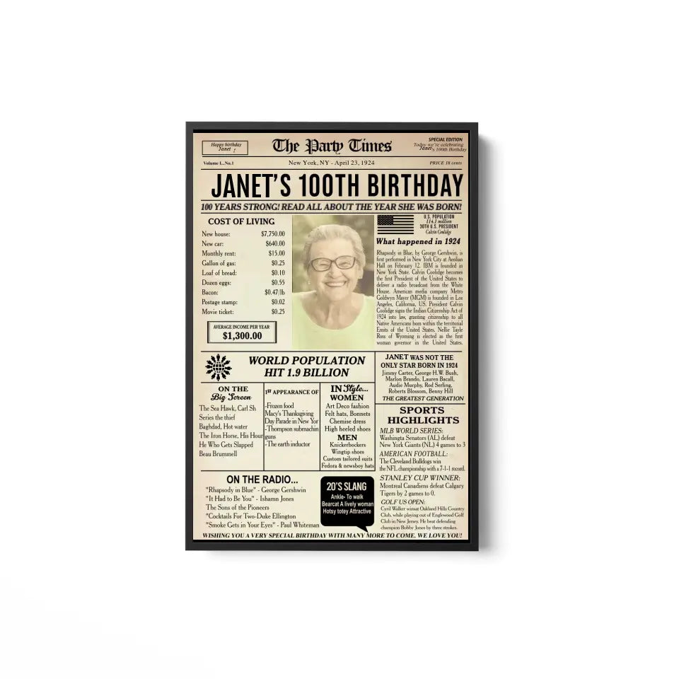 100th Birthday Newspaper Poster, 100th birthday gift for grandma or grandpa,1924 birthday, back in 1924, 100th birthday decorations Printable