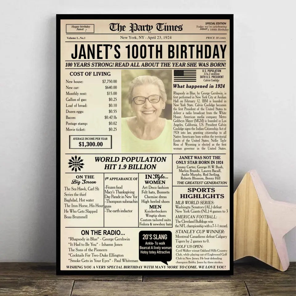 100th Birthday Newspaper Poster, 100th birthday gift for grandma or grandpa,1924 birthday, back in 1924, 100th birthday decorations Printable