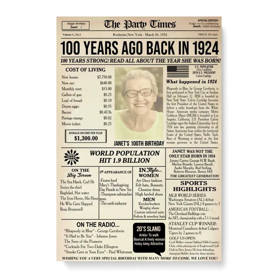 Personalized 100th birthday gift for men or women, 100th birthday newspaper poster, 100th birthday decor Printable, 100 years ago back in 1924