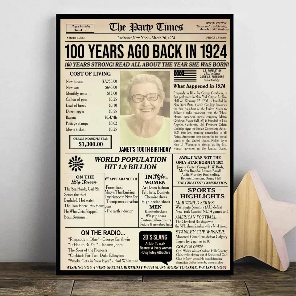 Personalized 100th birthday gift for men or women, 100th birthday newspaper poster, 100th birthday decor Printable, 100 years ago back in 1924