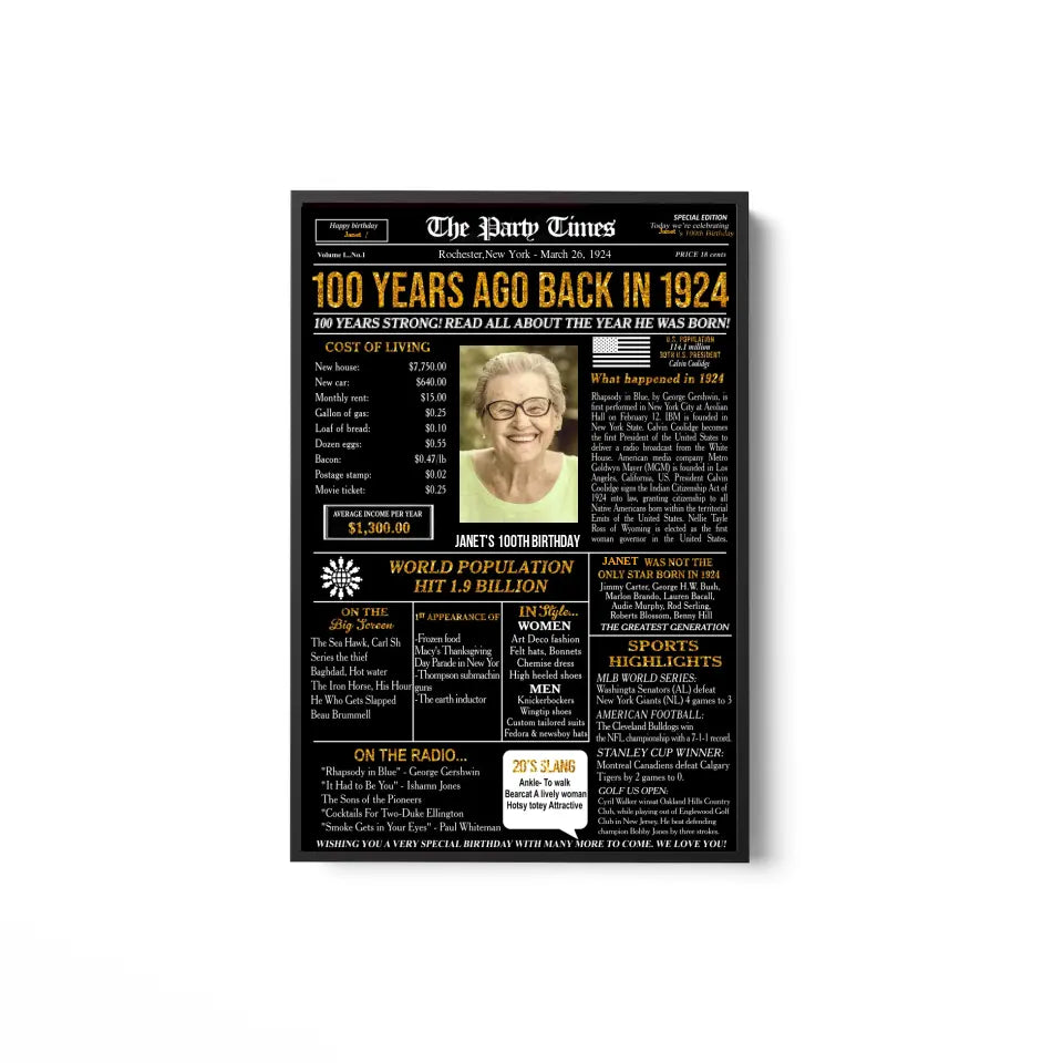 Personalized 100th Birthday Gift 100th Birthday Newspaper Poster Canvas 100th Birthday Decor Printable 100 Years Ago Back In 1924