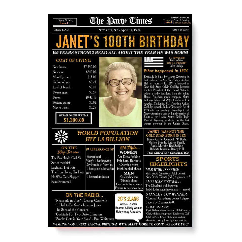 Custom 100th Birthday Gift Ideas Back in 1924 Birthday Newspaper Poster Canvas Turning 100 Birthday Party Decorations