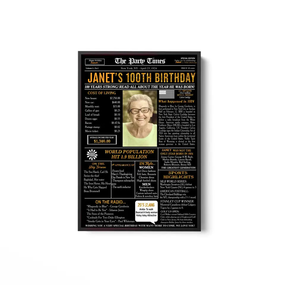 Custom 100th Birthday Gift Ideas Back in 1924 Birthday Newspaper Poster Canvas Turning 100 Birthday Party Decorations