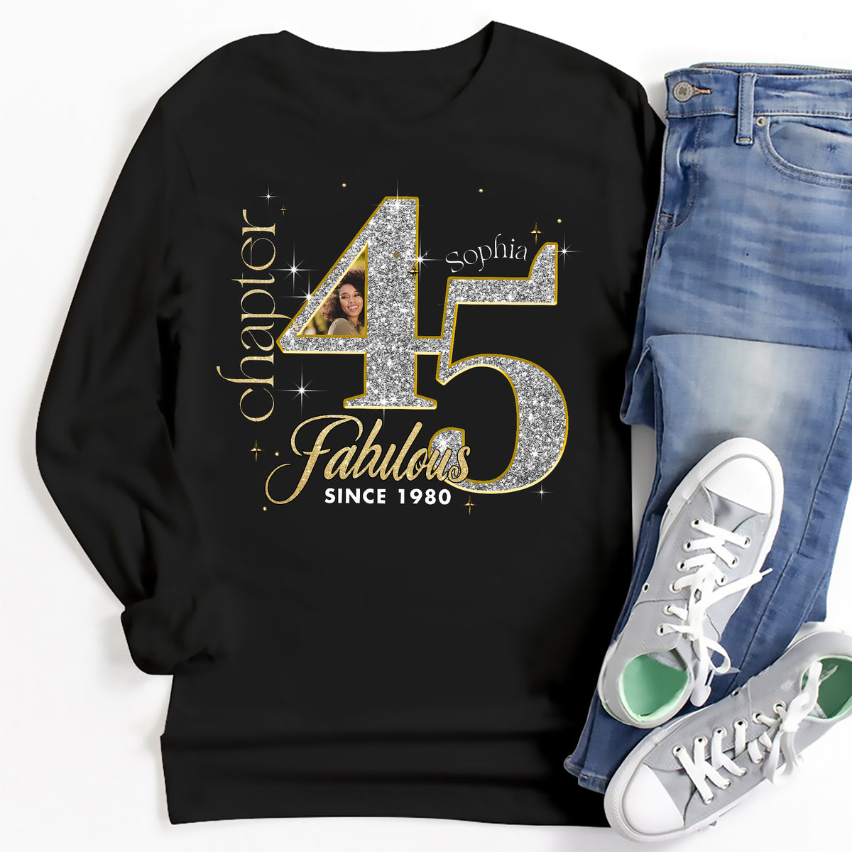 Custom Face Photo 45&#39;s Birthday Shirt, 45th Birthday Unique T Shirt For Woman, Custom Birthday Shirt, Her Gifts For 45 Years Old , Turning 45 Birthday Cotton Shirt-YPT-ALK