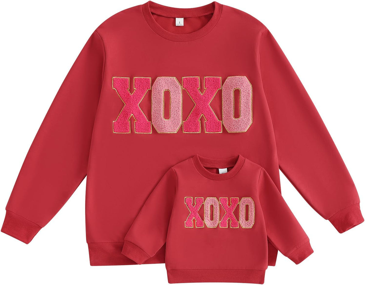 Karuedoo Mommy and Me Valentines Outfits Family Matching Shirts Letter Print Crewneck Long Sleeve Sweatshirt Pullover Top