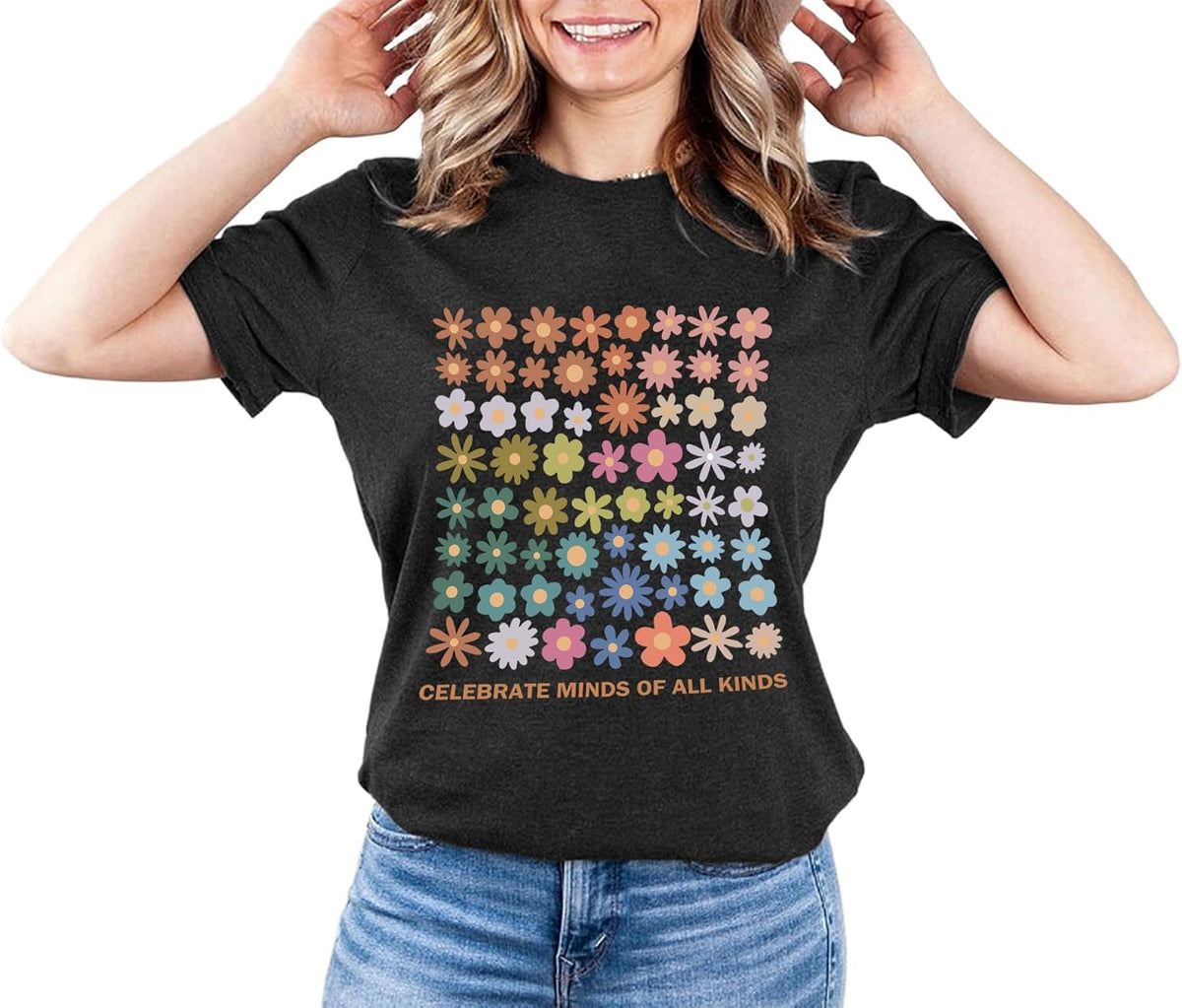 Autism Awareness Shirt Women Celebrate Minds of All Kinds Shirts Flowers T Shirt Inspirational Neurodiversity Tops