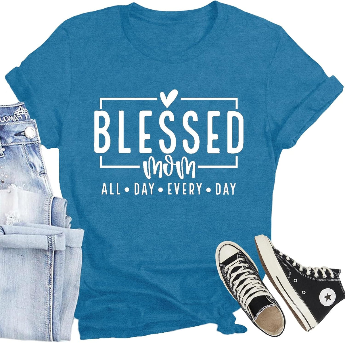 CQF Women Mom Shirt Blessed Mom All Day Every Day Letter Print T-Shirt Best Mama Tee Tops